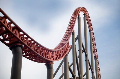 A curved roller coaster track